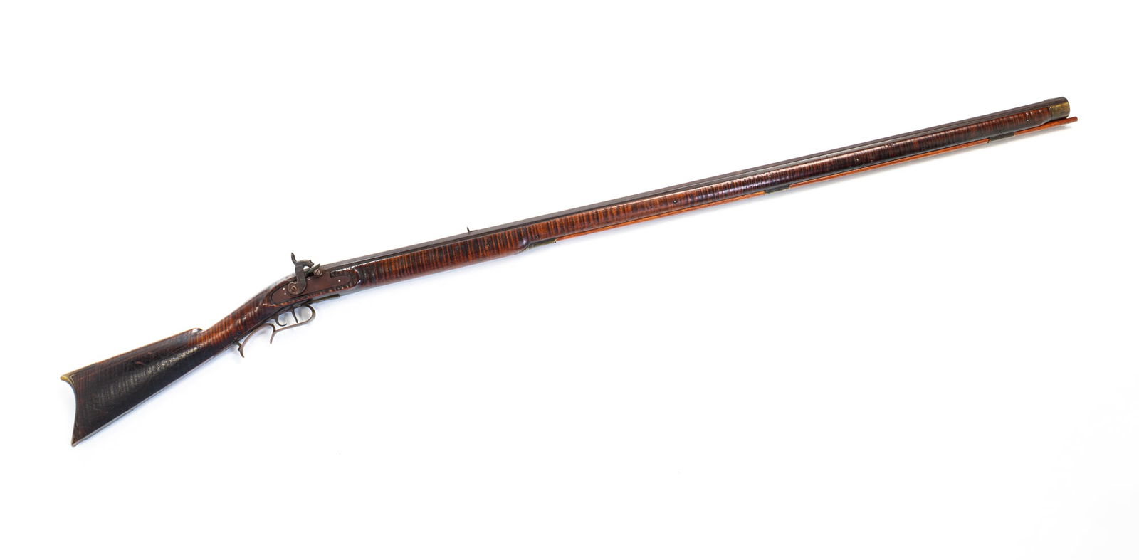 FULL STOCK PERCUSSION RIFLE SIGNED V. GAHR.: American, mid-19th Century. Octagonal barrel with two sights, maple stock with faux striping, brass trigger guard, thimbles and butt plate with trigger and set trigger. Could be a conversion from flin
