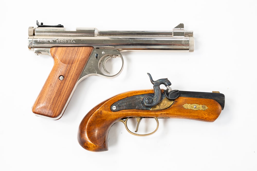 DUKAR SPANISH 45 CAL PERCUSSION PISTOL AND BENJAMIN/SHERIDAN MODEL EB CO2 20 CALIBER PISTOL.: Dukar very good condition. Benjamin/Sheridan in box, like new.
