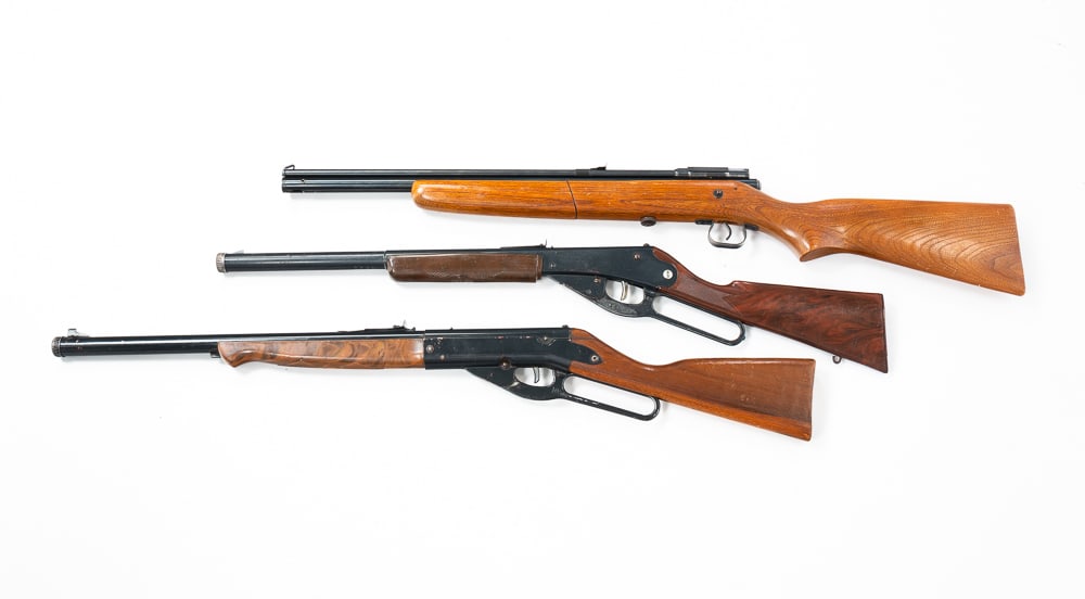 THREE YOUTH RIFLES.: Two Daisy lever action BB guns, Model 95 & Model 75 Scout, both fair condition.One Crosman .22 Cal pellet rifle, Model 140 in very good condition.