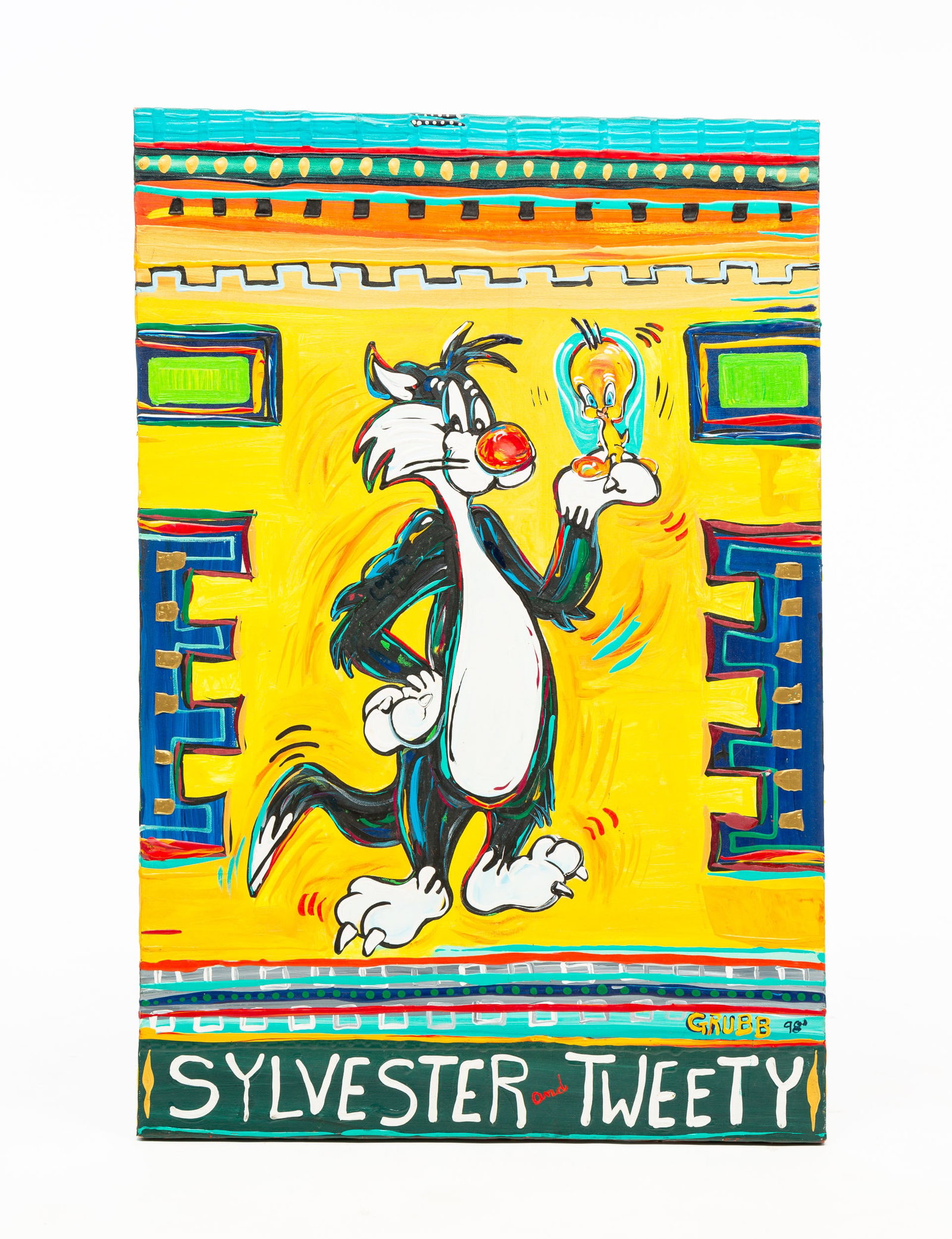 CONTEMPORARY FOLK ART PAINTING OF CARTOON CHARACTERS SIGNED GRUBB.: Contemporary American pop artist. On canvas "Sylvester and Tweety" in bright colors. Signed and dated (19)98 in lower right. 36"h. 24"w. From the collection of the late Audrey Caspari (New Jersey).