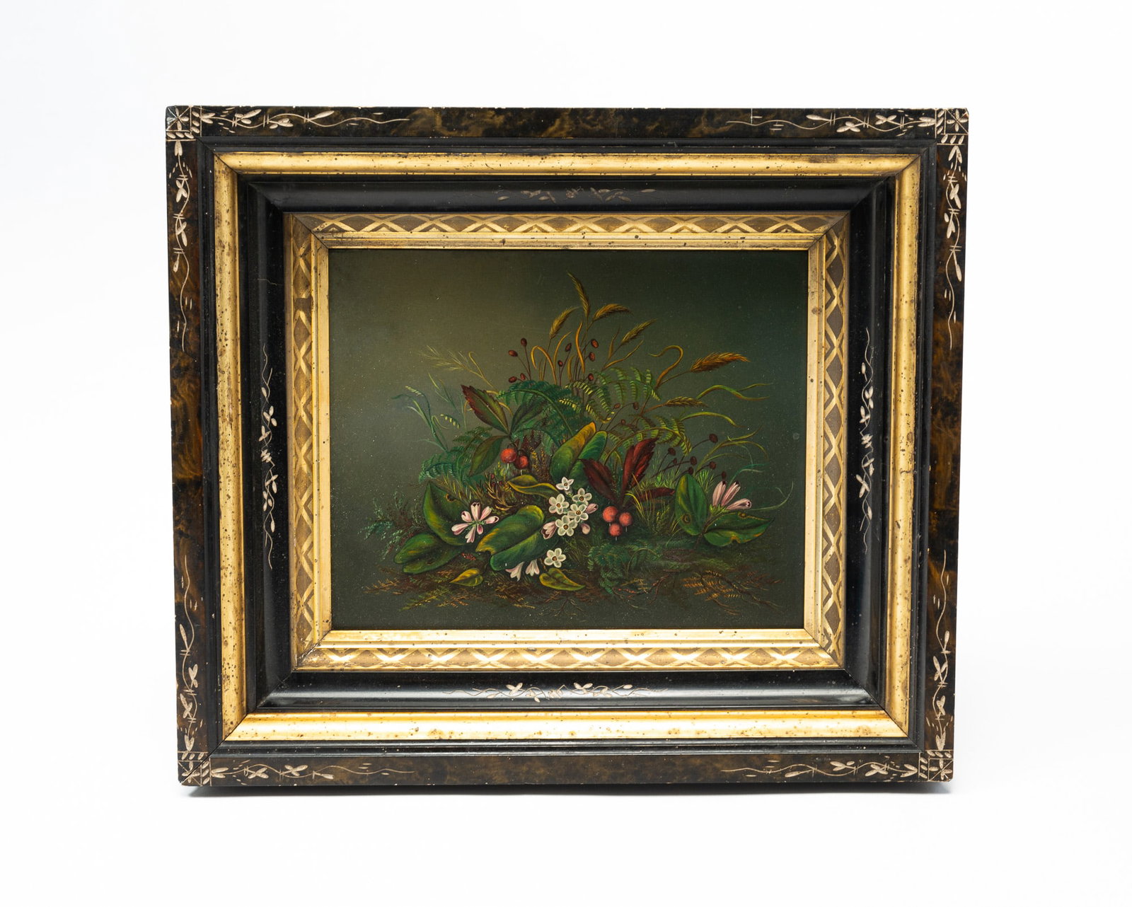 BEAUTIFULLY EXECUTED FLORAL PAINTING ON SLATE.: American (Michigan), 19th Century. Depicting flowers, berries, leaves, grasses, and ferns. Inscribed "Painted by Roswell Harrison East Saginaw Mich" on verso. With multilayered carved, ebonized, and g