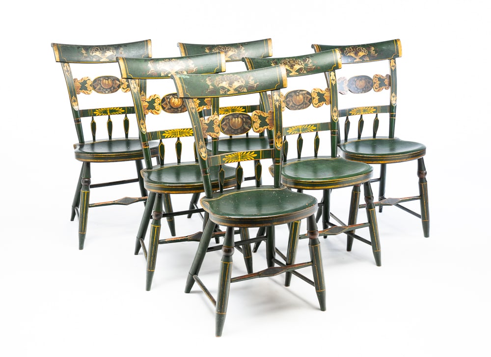 SET OF SIX BEAUTIFULLY PAINT DECORATED FRET-BACK SIDE CHAIRS. (1 of 6)