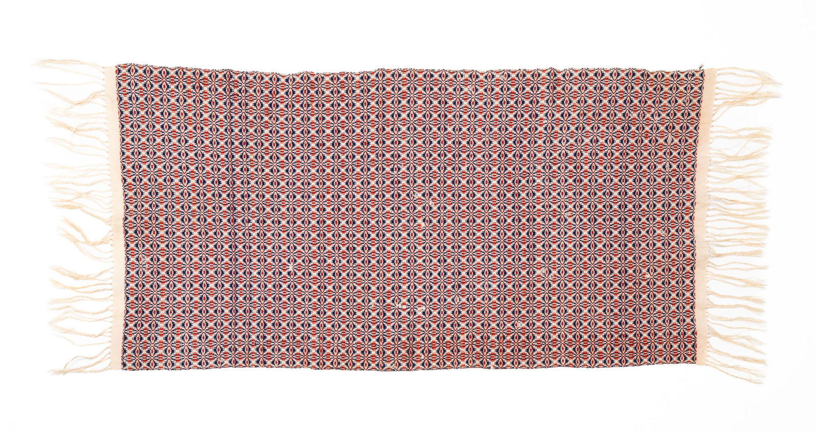 OVERSHOT TABLE COVERING.: American, mid-19th Century. Red, white and blue geometric pattern with fringe. Excellent condition. 36"l. plus fringe.17.5"w.