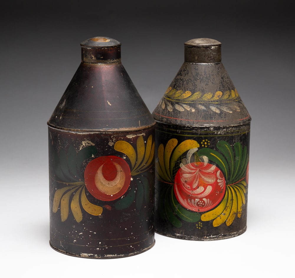 TWO TOLE TEA CADDIES. (1 of 3)