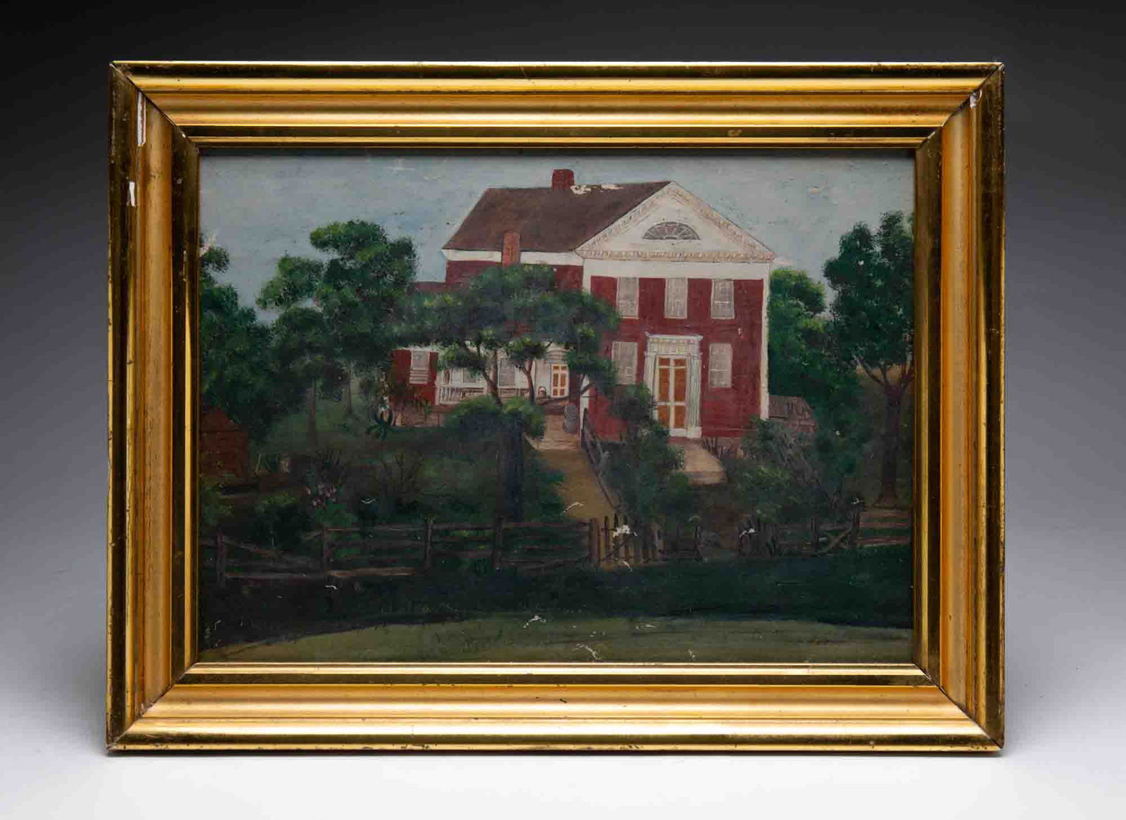 PRIMITIVE PAINTING OF FEDERAL BRICK HOUSE. (1 of 1)