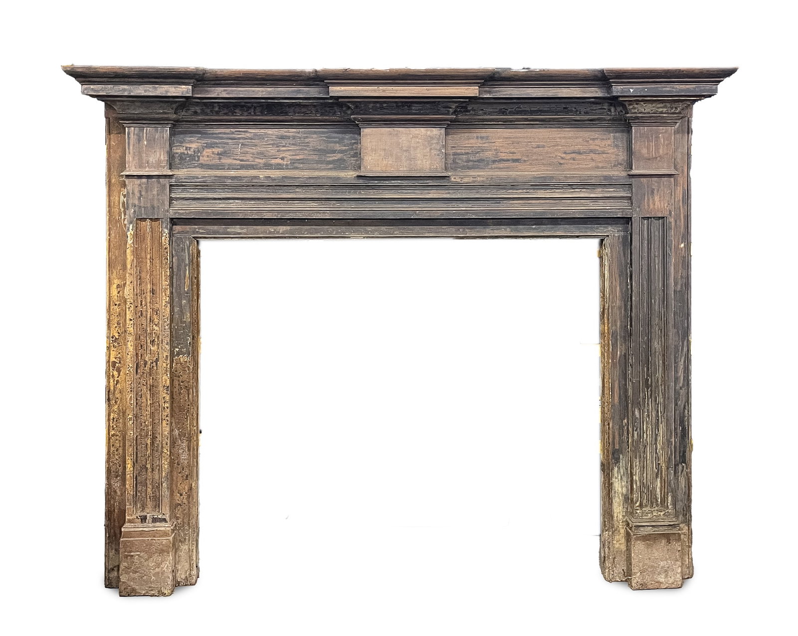 FEDERAL MANTLE.: American, first quarter 19th Century. Poplar. Stepped shelf with quarter round edge over cove molded cornice, center frieze tablet flanked by pilasters with deeply routed decoration and molded edge ar