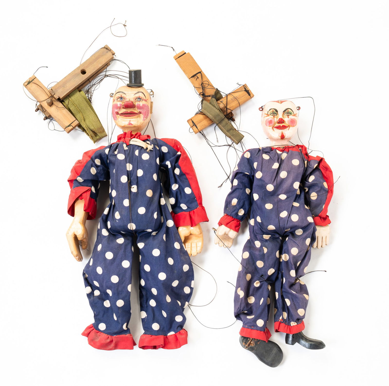 TWO CARVED AND PAINTED WOOD CLOWN MARIONETTES. (1 of 6)
