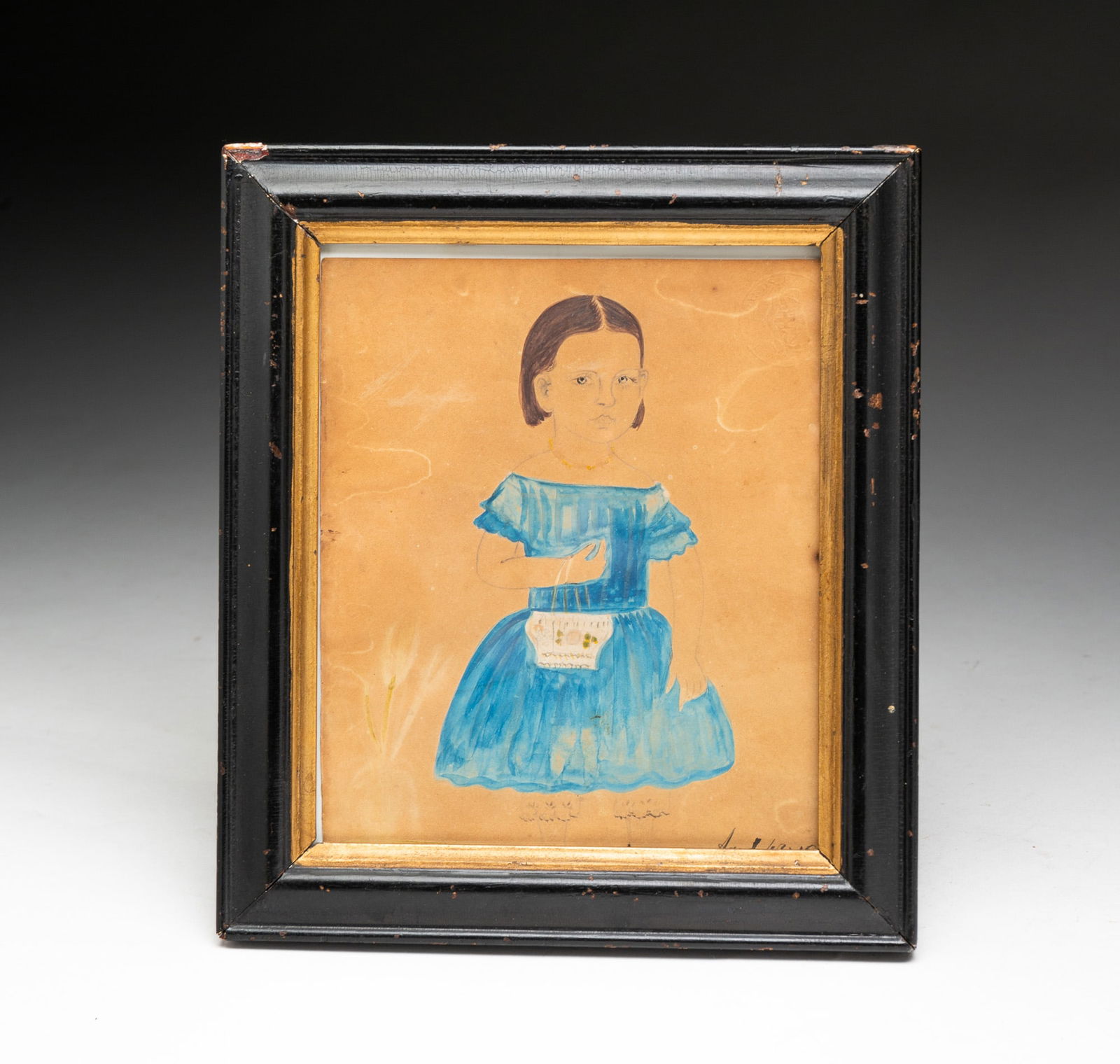PORTRAIT OF A CHILD IN BLUE DRESS BY JANE ANTHONY DAVIS (1821-1855). (1 of 3)