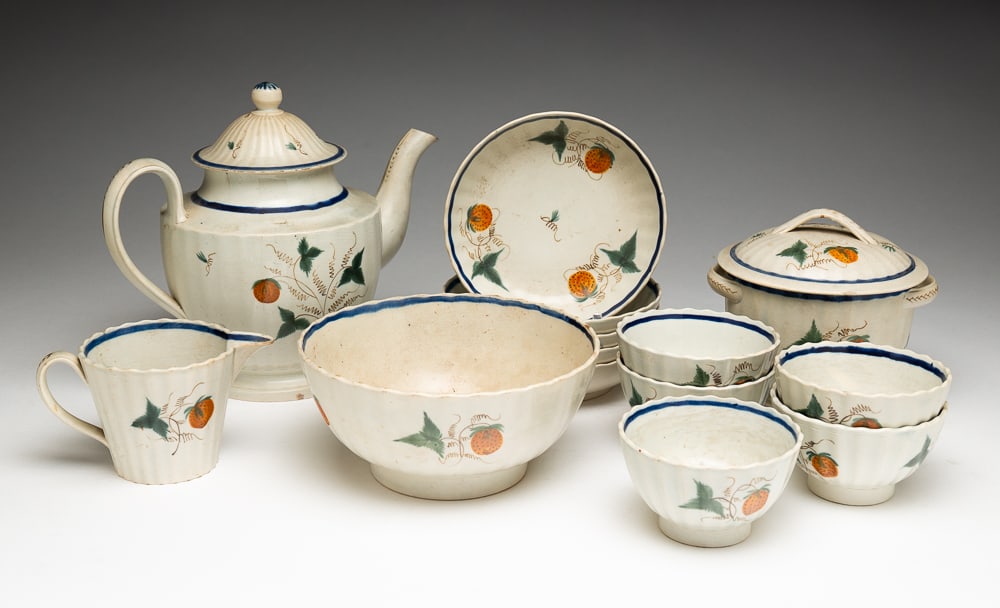 LEEDS SOFT PASTE STRAWBERRY PATTERN PARTIAL TEA SERVICE. (1 of 6)