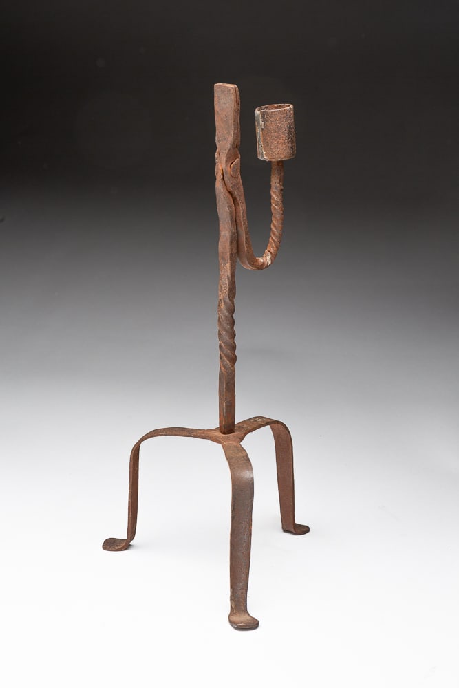 WROUGHT IRON RUSH LIGHT AND CANDLE HOLDER. (1 of 4)