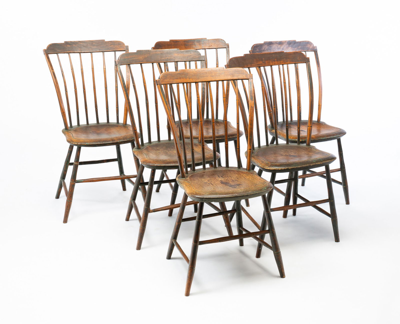 SET OF SIX GRAIN PAINTED STEP DOWN BAMBOO WINDSOR CHAIRS. (1 of 5)