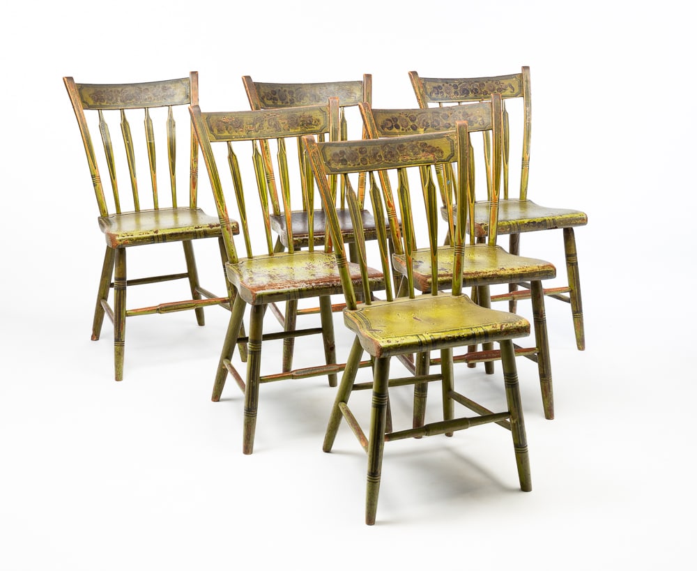 SET OF SIX PAINT DECORATED FULL ARROW BACK CHAIRS. (1 of 6)