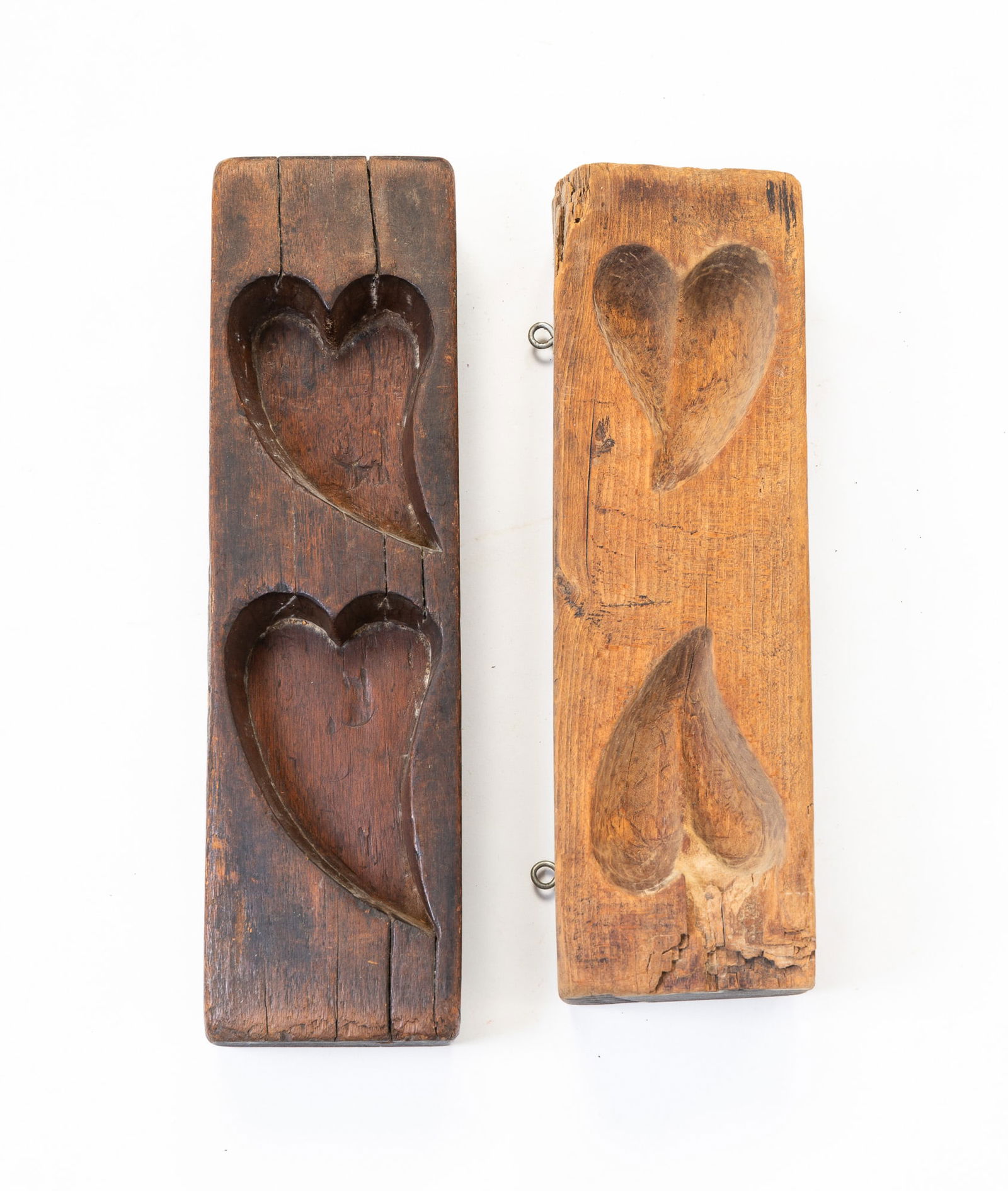 TWO DOUBLE HEART MAPLE SUGAR MOLDS. (1 of 3)