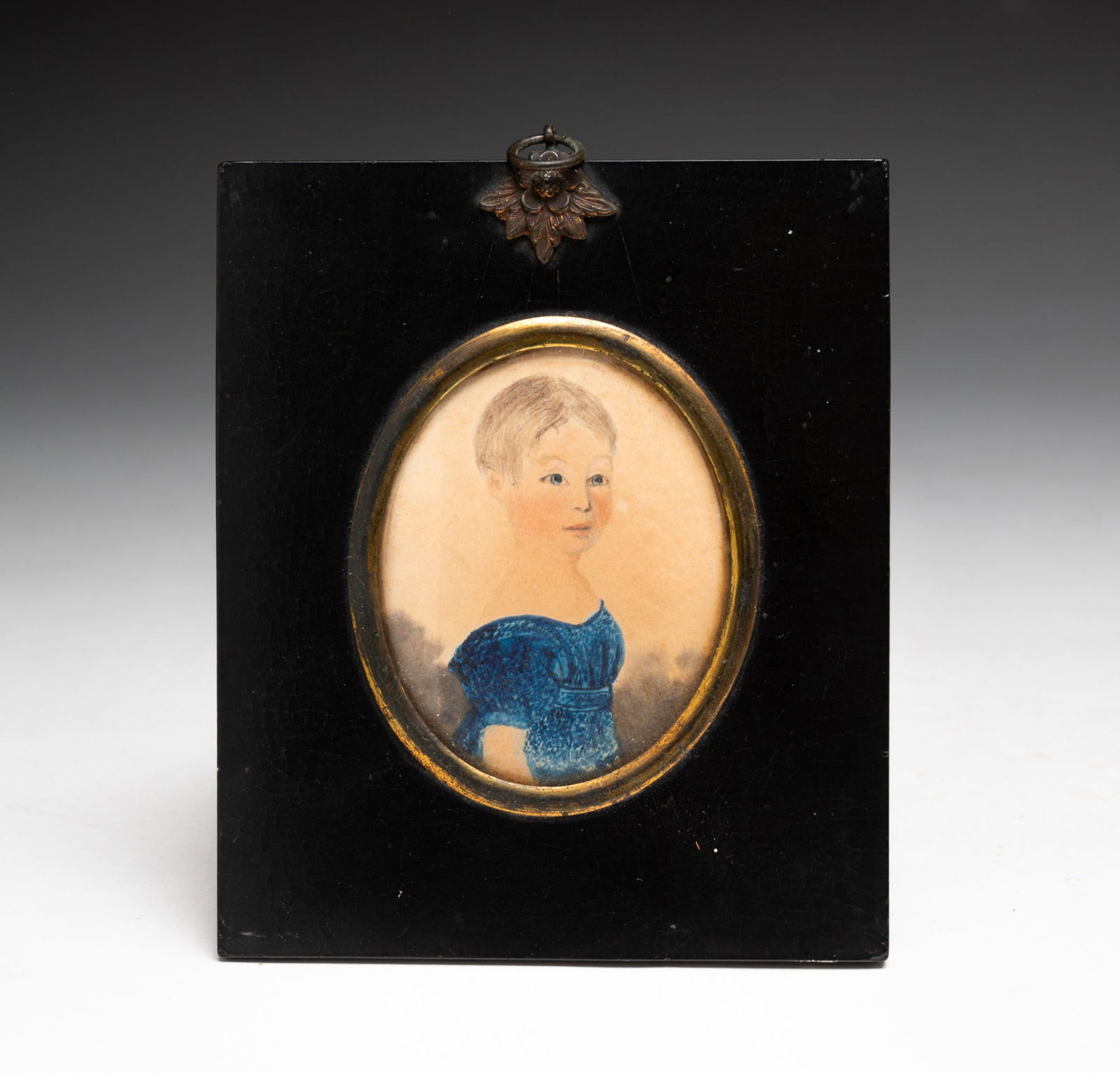 MINIATURE FOLK ART WATERCOLOR PORTRAIT OF A GIRL. (1 of 3)