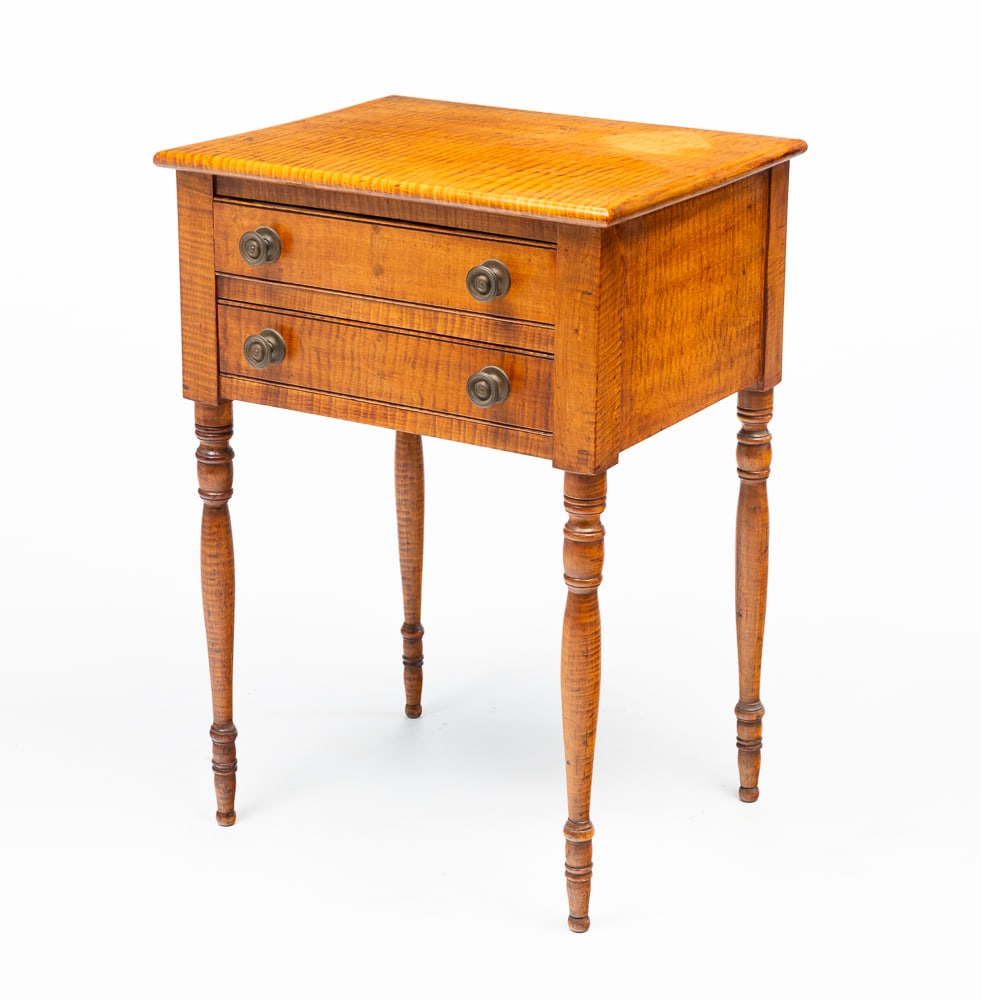 TIGER MAPLE SHERATON TWO DRAWER STAND. (1 of 5)