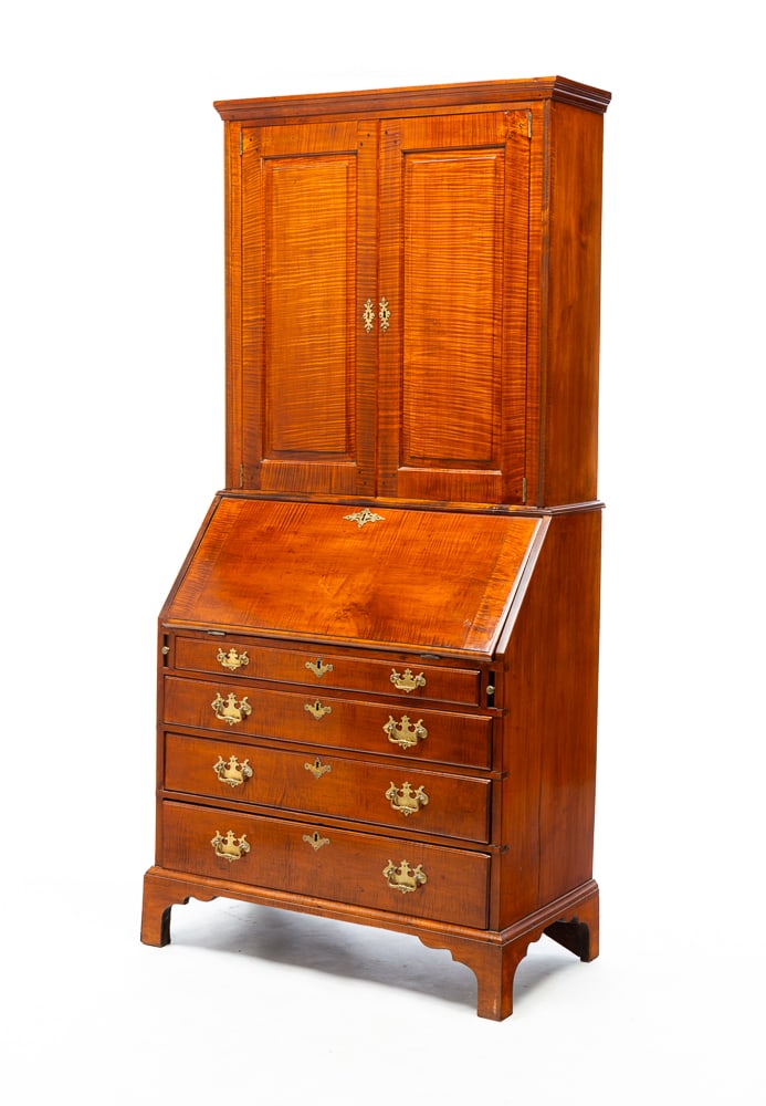 QUEEN ANNE TIGER MAPLE SECRETARY DESK AND BOOKCASE. (1 of 6)