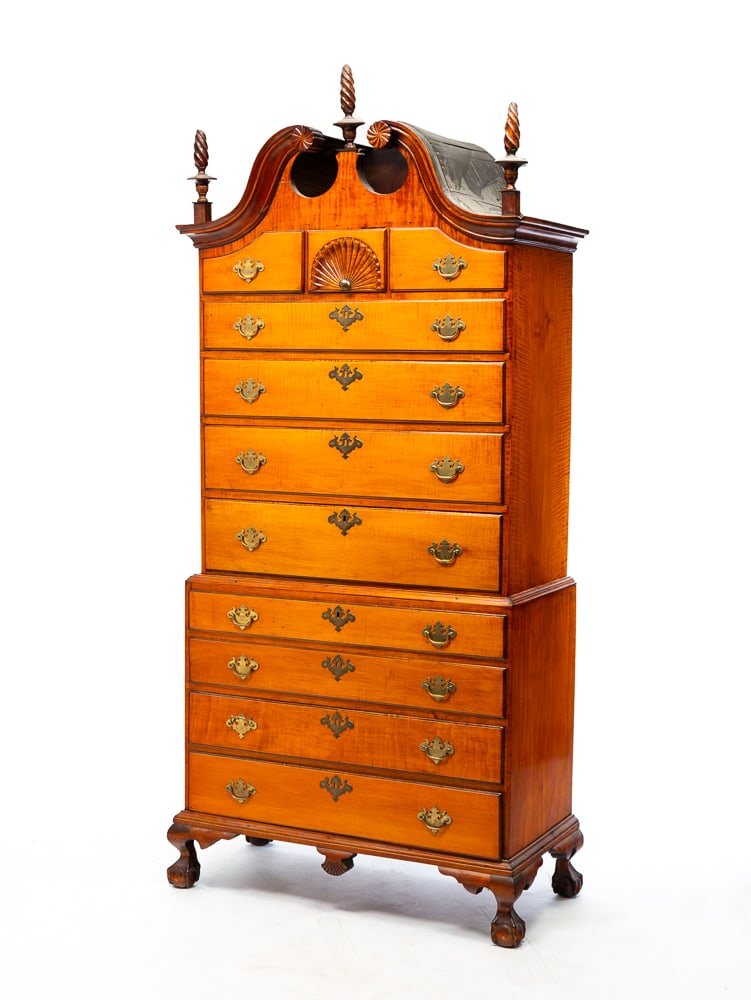 CHIPPENDALE TIGER MAPLE BONNET TOP CHEST ON CHEST. (1 of 5)