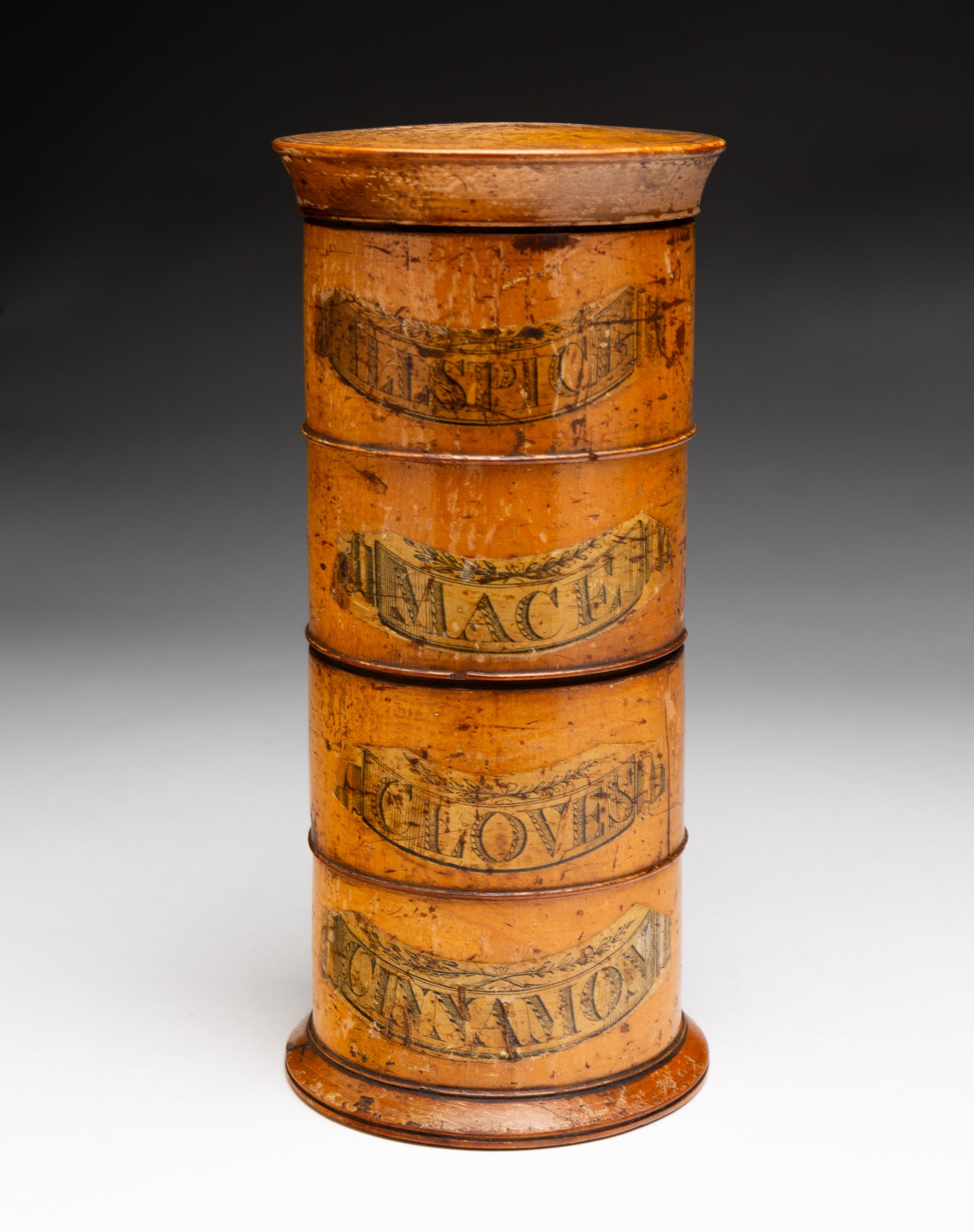 FOUR TIER TURNED SYCAMORE SPICE CANISTER. (1 of 3)