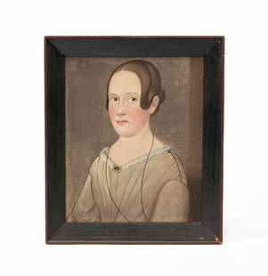 PORTRAIT OF A YOUNG WOMAN ATTRIBUTED TO THE PRIOR-HAMBLIN SCHOOL.: PORTRAIT OF A YOUNG WOMAN ATTRIBUTED TO THE PRIOR-HAMBLIN SCHOOL. American, 19th Century. (William Matthew Prior (1806-1873) Bathe, Maine and Sturtevant J. Hamblin (1823-1856) Portland, Maine). Oil on