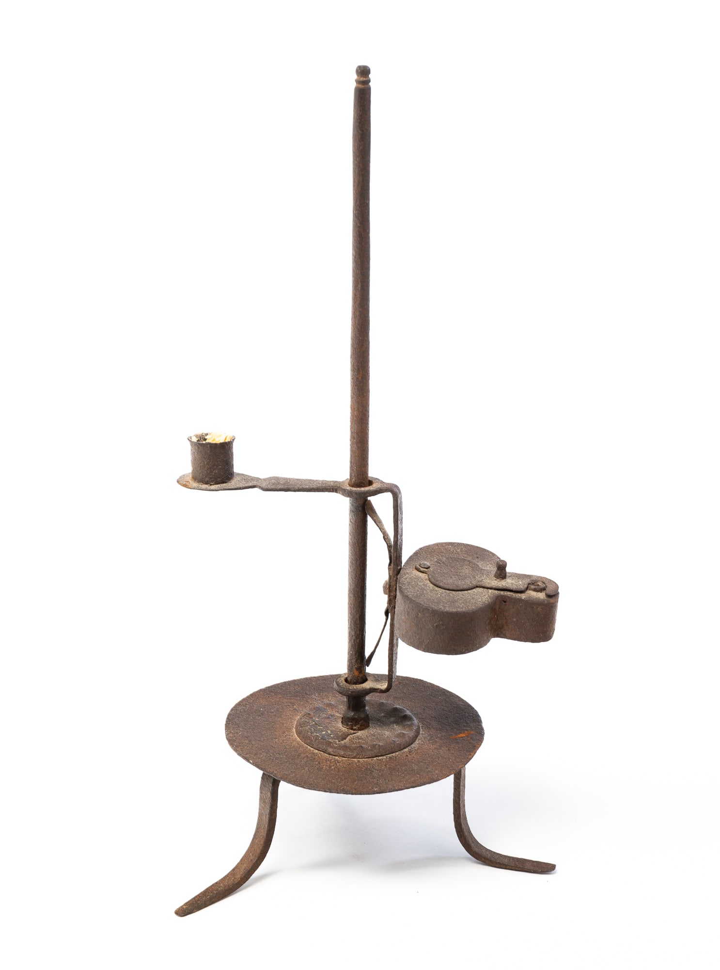 TABLETOP ADJUSTABLE WROUGHT IRON BETTY LAMP CANDLEHOLDER. (1 of 2)