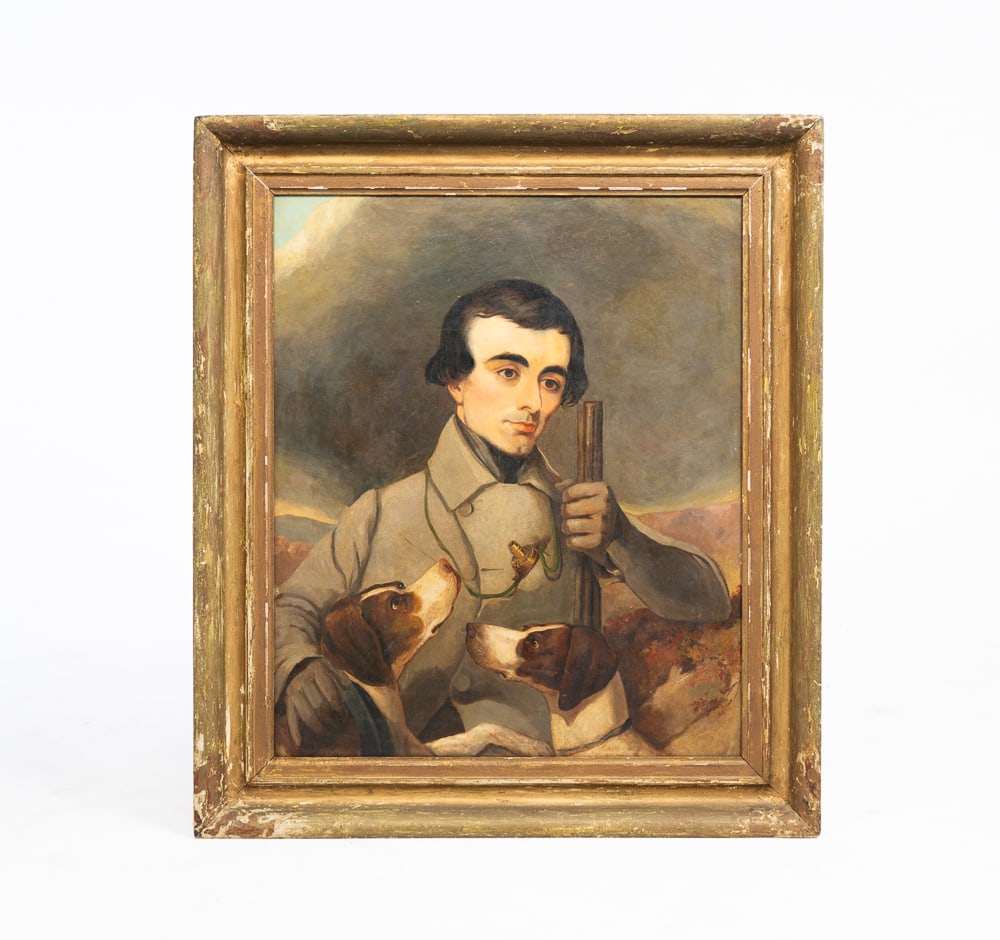 UNSIGNED PORTRAIT OF A GENTLEMAN HUNTER.: UNSIGNED PORTRAIT OF A GENTLEMAN HUNTER. European, circa 1800. Oil on canvas. Man wearing a gray coat, holding a gun and with two dogs. Rebacked on masonite. 29.25"h. 24.5"w. In gilt frame. 37.25"h. 2