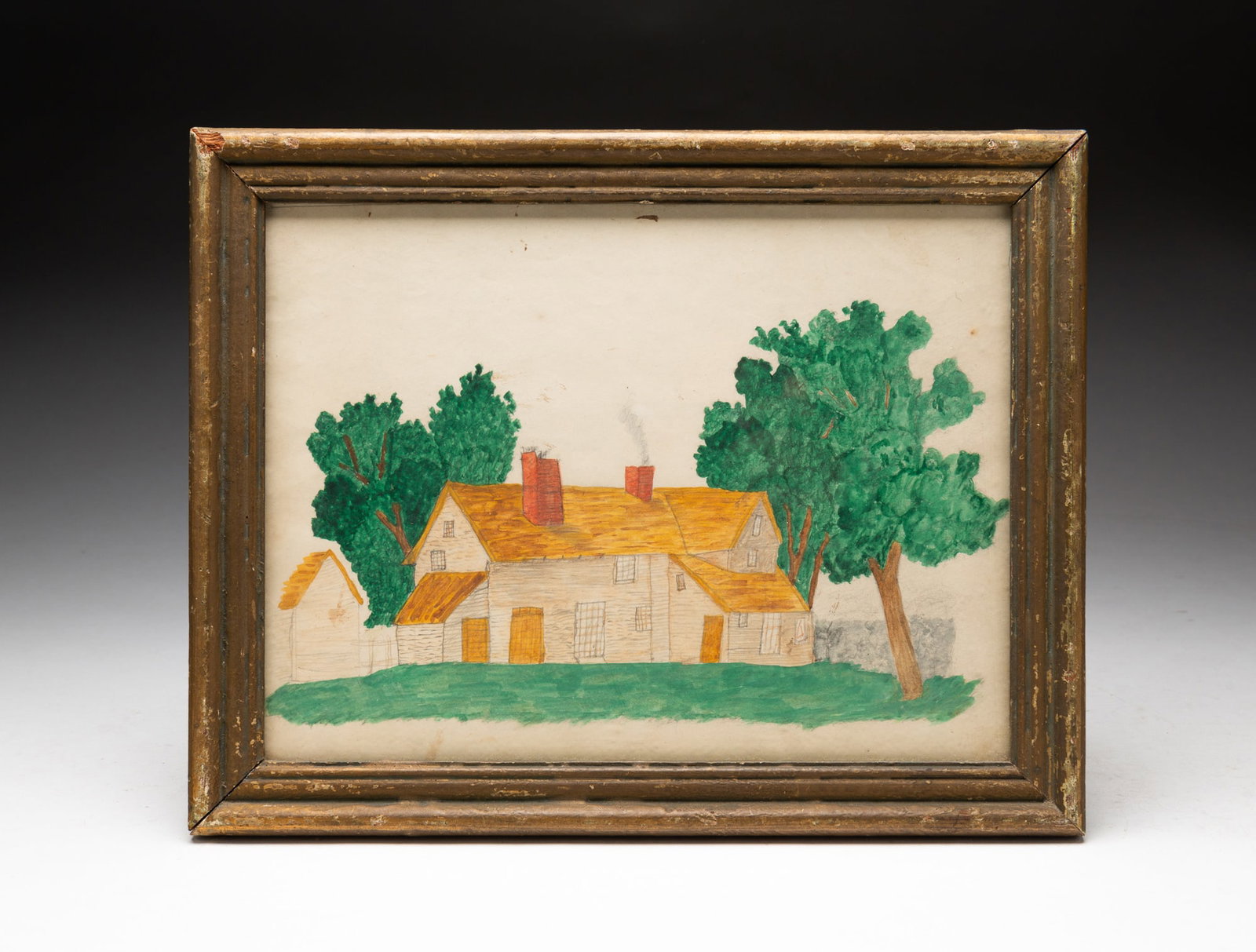 PENCIL AND INK DRAWING OF A HOUSE.: PENCIL AND INK DRAWING OF A HOUSE. American, circa 1900. Pencil and colored ink on paper. Depicting a house with yellow roof and two chimneys, with trees in the yard. In old gilt wood frame. 9.75"h. 1