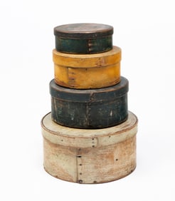 FOUR PAINTED BENT WOOD PANTRY BOXES.