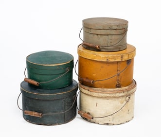 FIVE PAINTED BENT WOOD PANTRY BOXES WITH HANDLES.