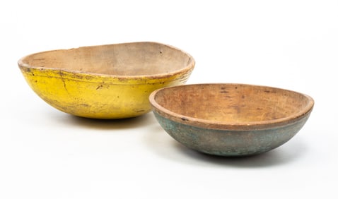 TWO PAINTED WOOD BOWLS.