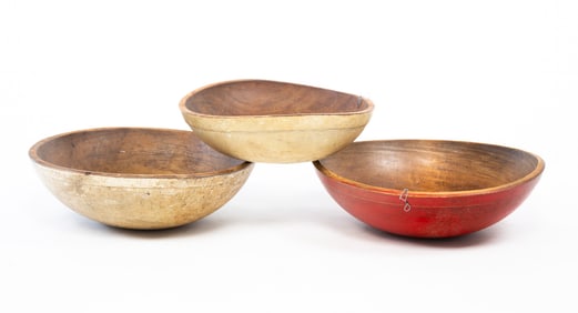 THREE PAINTED WOOD BOWLS.