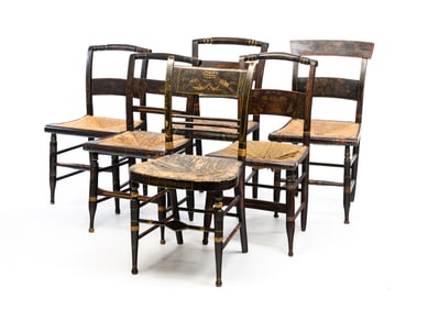 SIX PAINTED AND DECORATED SHERATON SIDE CHAIRS.