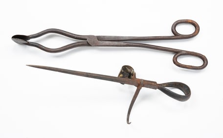 WROUGHT IRON STICKING TOMMY AND COAL TONGS.