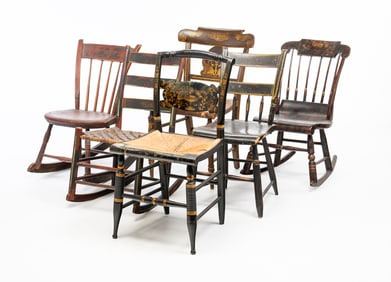 THREE ROCKING CHAIRS AND THREE SIDE CHAIRS.
