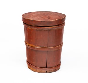 RED PAINTED LIDDED PANTRY BARREL.