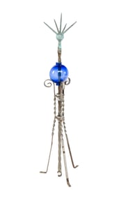 LIGHTNING ROD WITH BLUE GLASS BALL ON STAND.