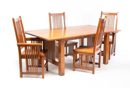 MISSION STYLE DINING TABLE AND FOUR CHAIRS.
