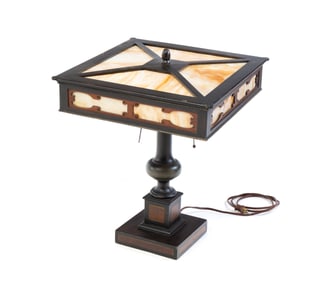 TABLE LAMP WITH PANELED SLAG GLASS SHADE.