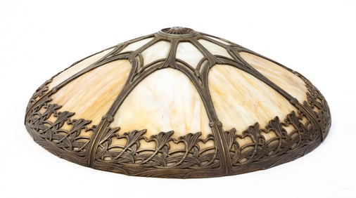 DOMED PANELED SLAG GLASS LAMP SHADE.