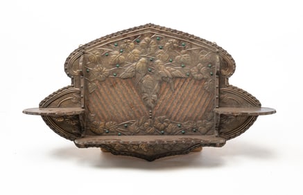ARTS AND CRAFTS BRASS AND COPPER CLAD WOOD HANGING SHELF.