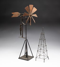 FOLKSY MINIATURE METAL WINDMILL WHIRLIGIG AND OIL DERRICK.