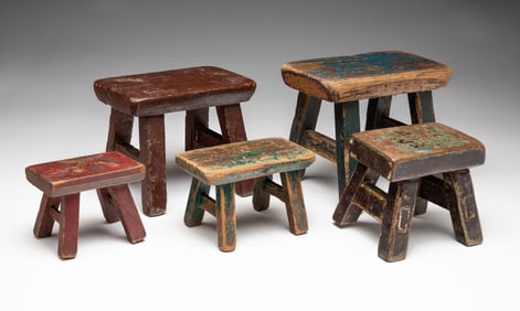 FIVE MINIATURE PAINTED STOOLS.