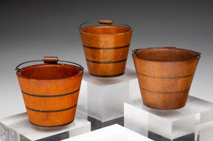 SET OF THREE MINIATURE WOOD BUCKETS.