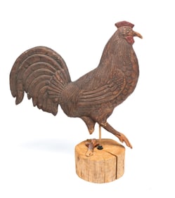 FOLKSY CARVED AND PAINTED FULL BODIED WOOD ROOSTER.