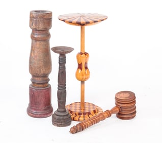 FOUR TURNED WOOD ITEMS.