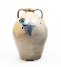 6-GALLON OVOID STONEWARE JUG WITH COBALT FLORAL DECORATION.