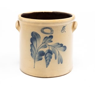 J. BURGER DECORATED FIVE GALLON STONEWARE JAR.