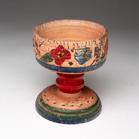 PAINT DECORATED TREEN FOOTED SALT.