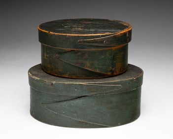 TWO OLD GREEN PAINTED PANTRY BOXES.