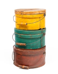 THREE PAINTED BENT WOOD PANTRY BOXES WITH HANDLES.