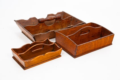 THREE WOOD UTENSIL CARRIERS.